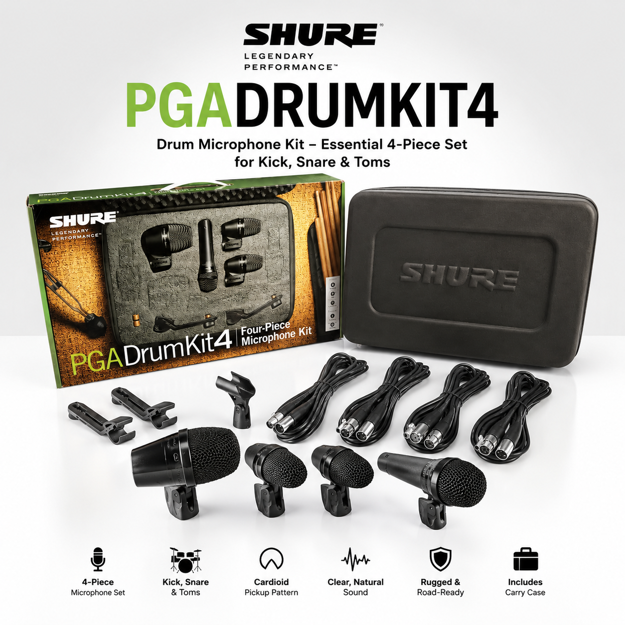 Shure PGADRUMKIT4 Drum Microphone Kit – Essential 4-Piece Set for Kick, Snare & Toms