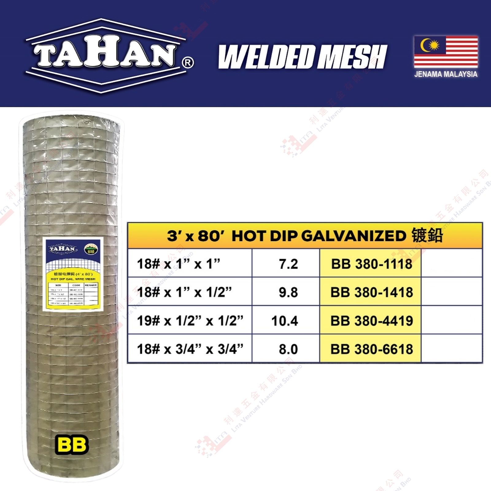 TAHAN BRAND HOT DIP GALVANIZED - BB4301118 BB3801418 BB3804419 BB4806618