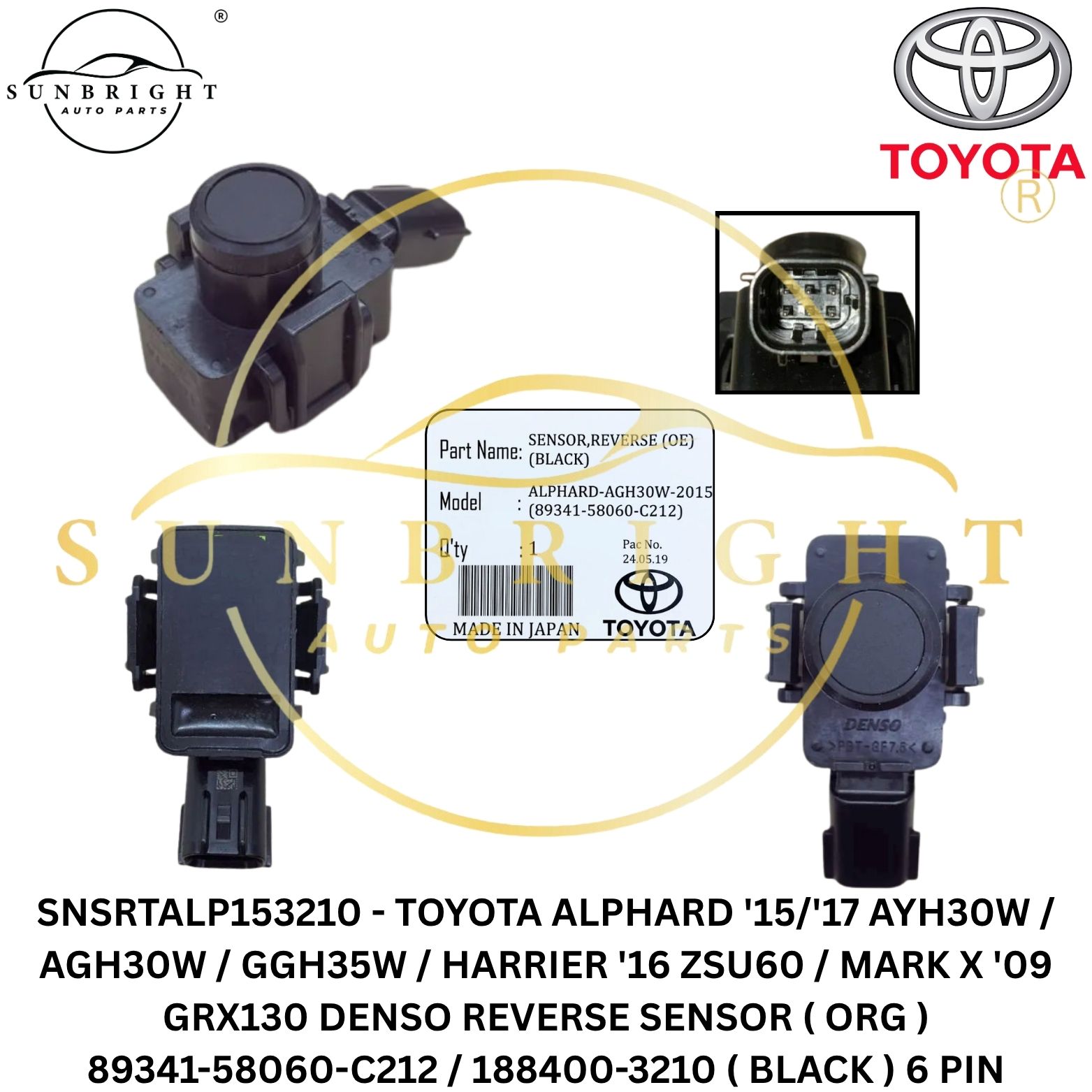 SNSRTALP153210 - TOYOTA ALPHARD '15/'17 AYH30W / AGH30W / GGH35W / HARRIER '16 ZSU60 / MARK X '09 GRX130 DENSO REVERSE SENSOR ( ORG ) 89341-58060-C212 / 188400-3210 ( BLACK ) 6 PIN