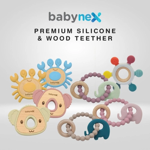 Babynex Premium Wooden Silicone Teether (Koala Pink / Ferris Wheel / Elephant Green)