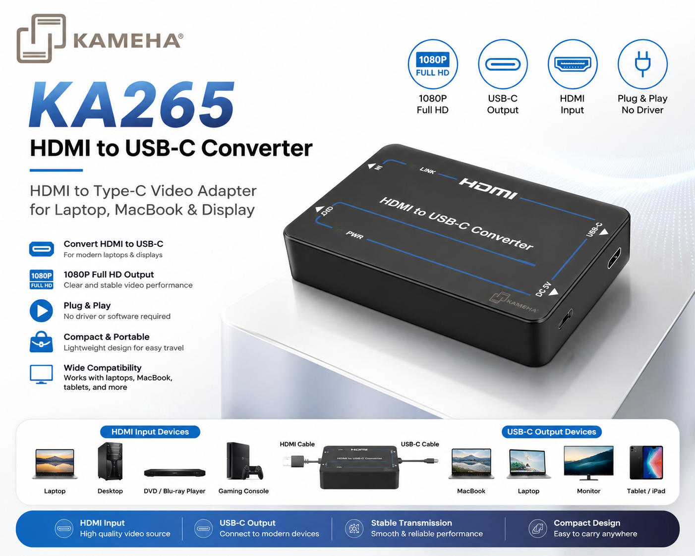 KAMEHA KA265 HDMI转USB-C转换器 – 4K HDMI转Type-C视频适配器 适用于笔记本 / MacBook / 显示器