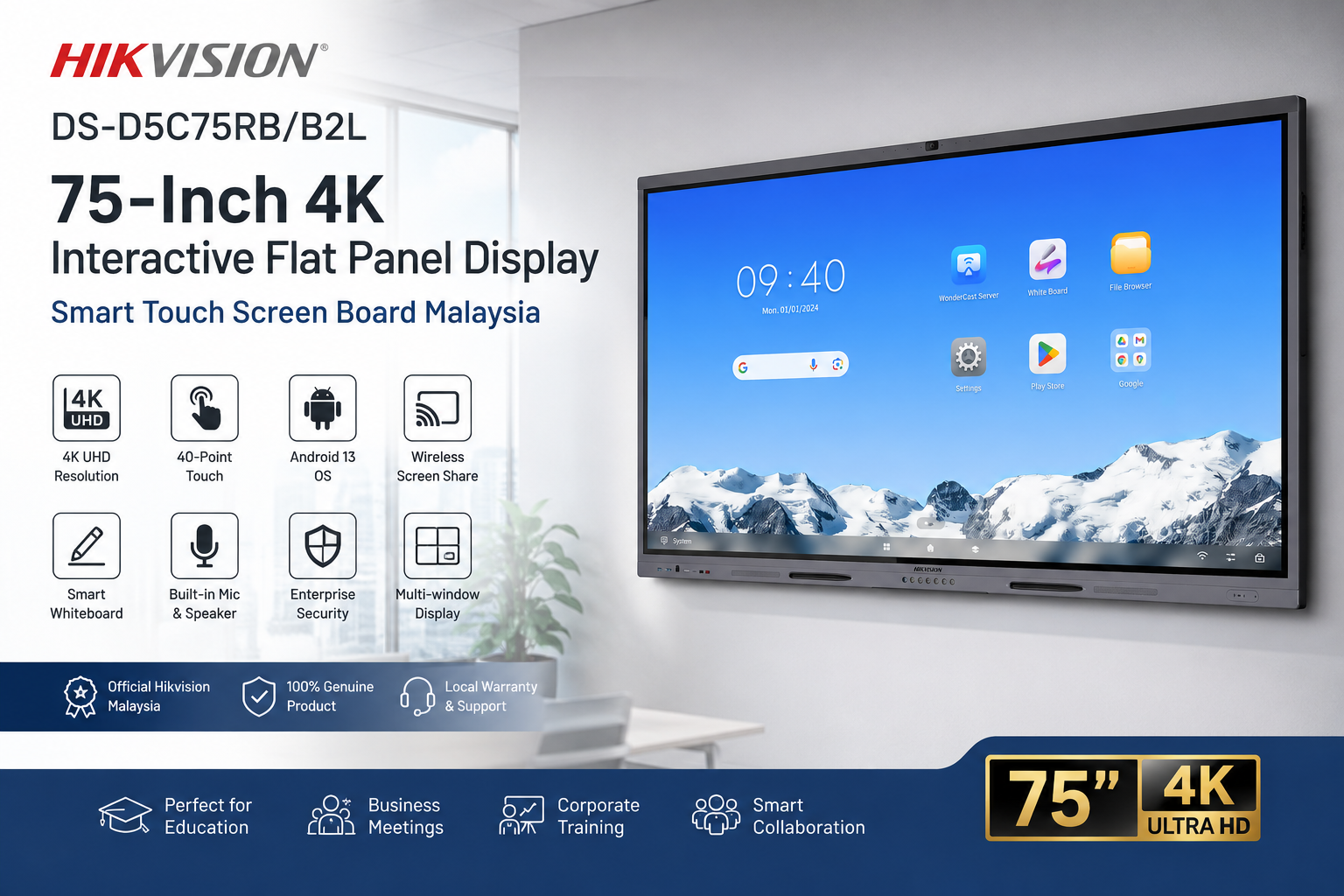 Hikvision DS-D5C75RB/B2L 75-Inch 4K Interactive Flat Panel Display | Smart Touch Screen Board Malaysia