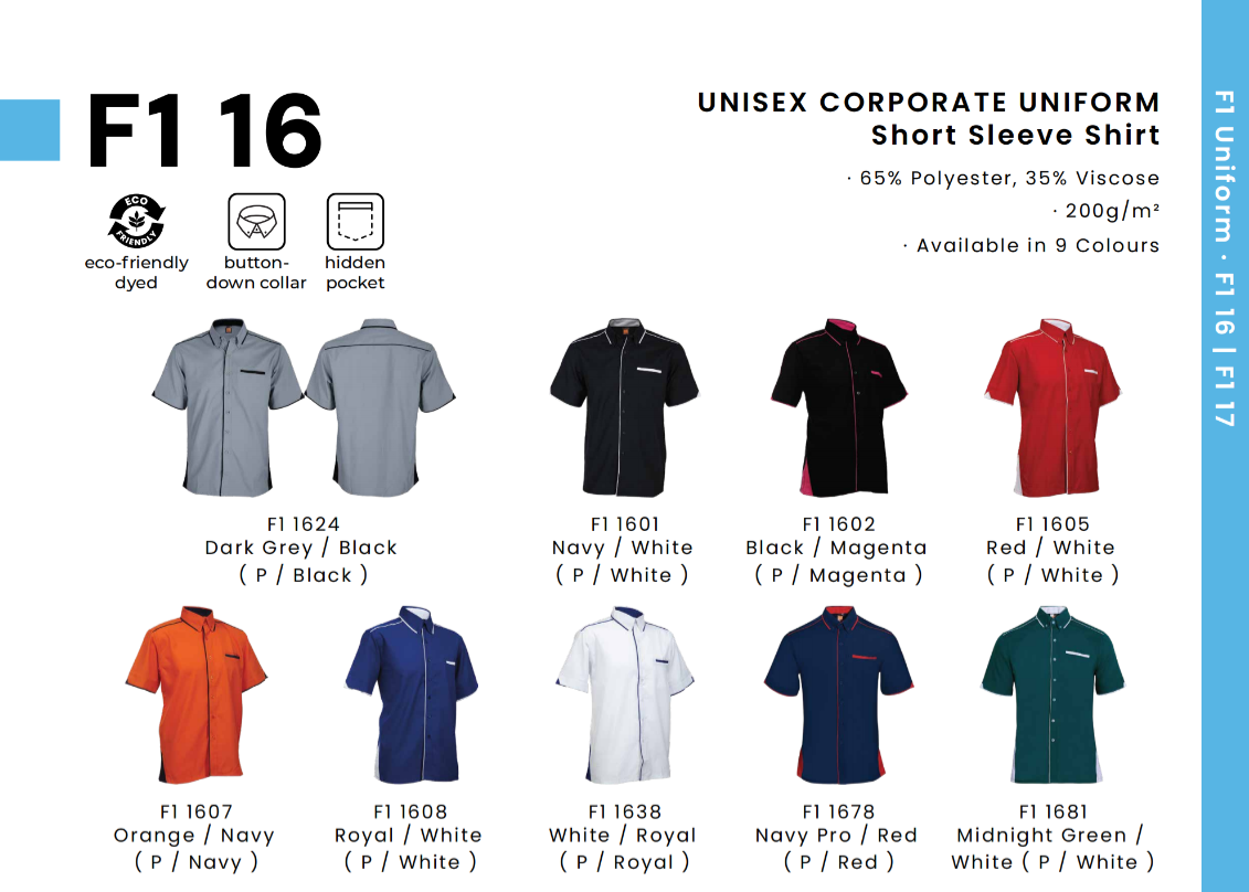 F1 16 Unisex Corporate Uniform Short Sleeve Shirt | Premium Executive Office Uniform with Hidden Pocket
