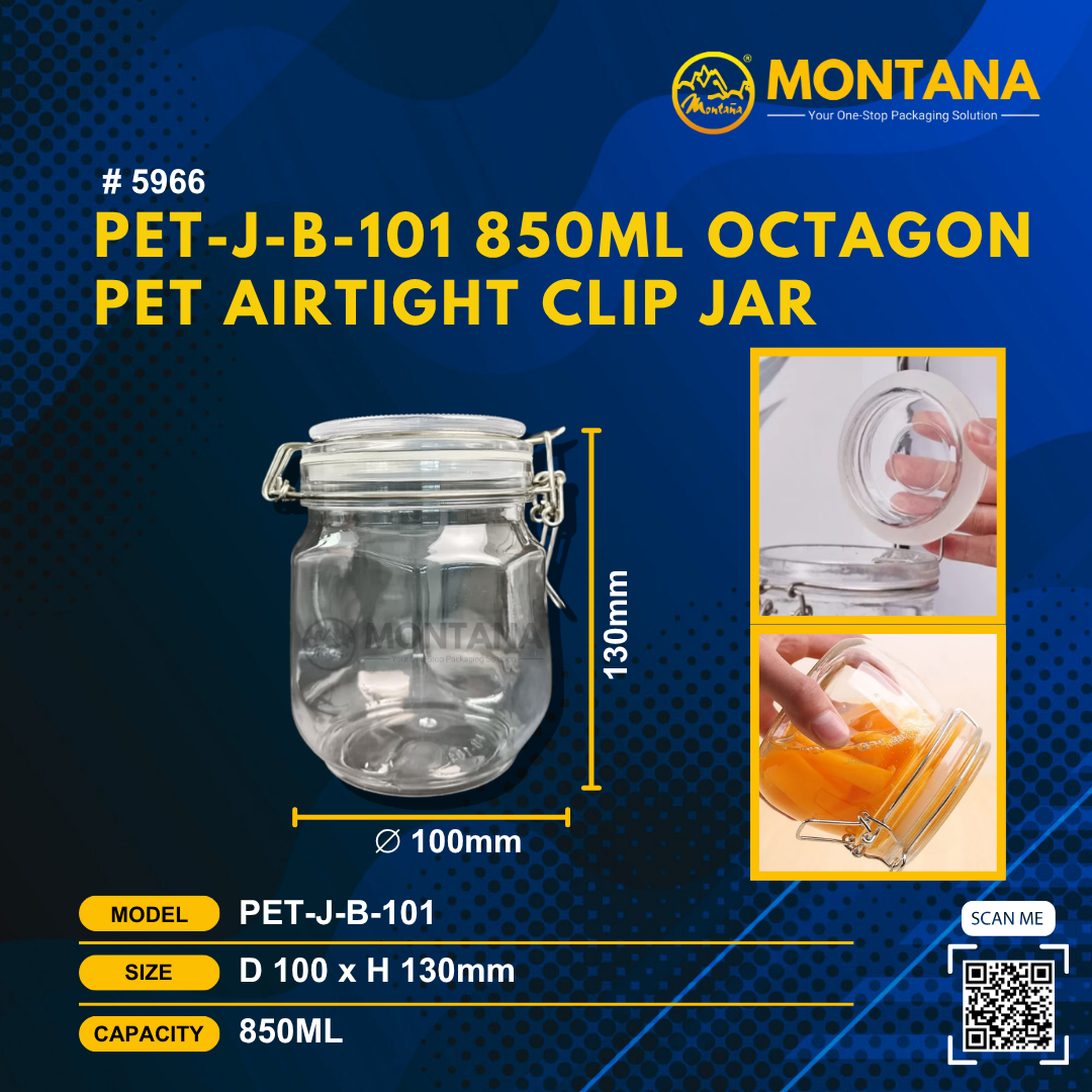 (5966) PET-J-B-101 850ML OCTAGON PET AIRTIGHT CLIP JAR