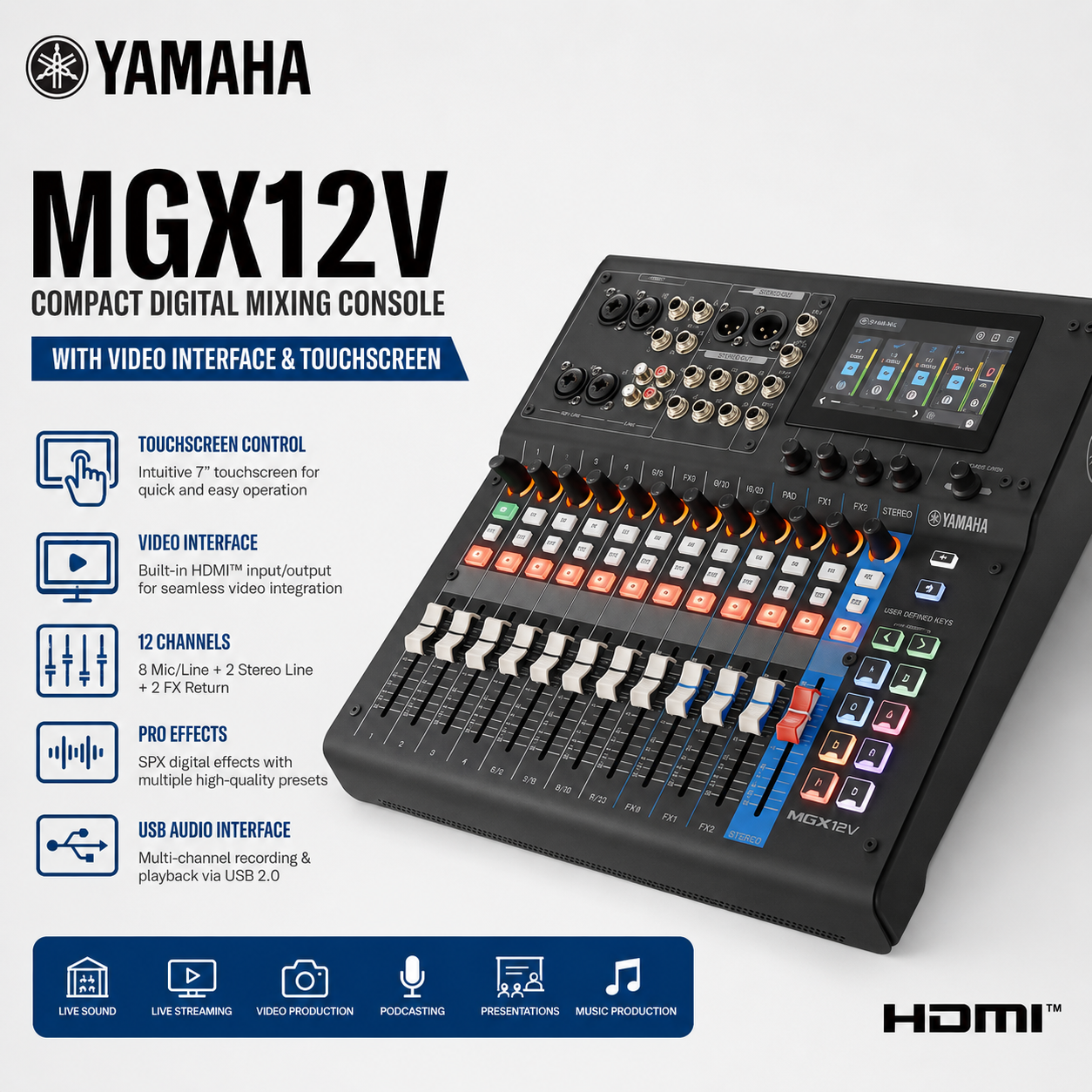 Yamaha MGX12V Compact Digital Mixing Console with Video Interface & Touchscreen