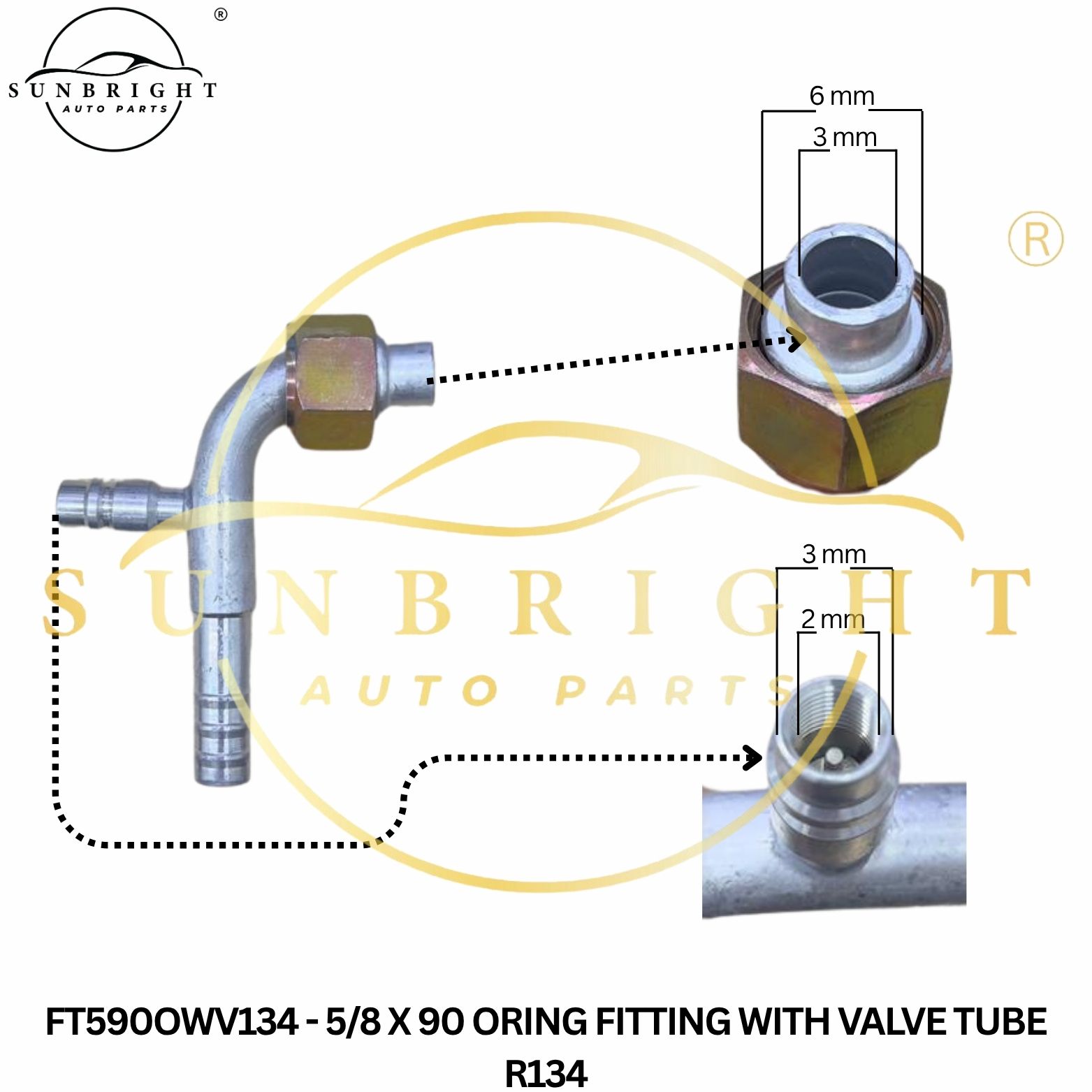FT590OWV134 - 5/8 X 90 ORING FITTING WITH VALVE TUBE R134