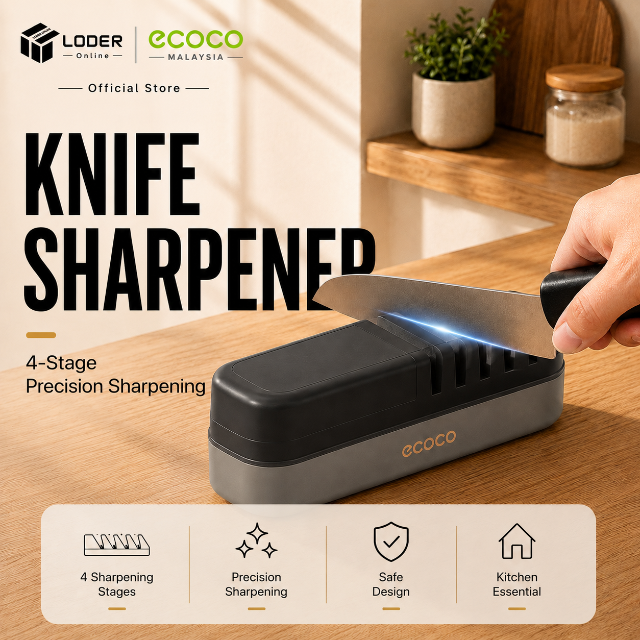 LODER ECOCO 4 Stage Knife Sharpener Tungsten Ceramic Kitchen Knife Grinder Precision Sharpener