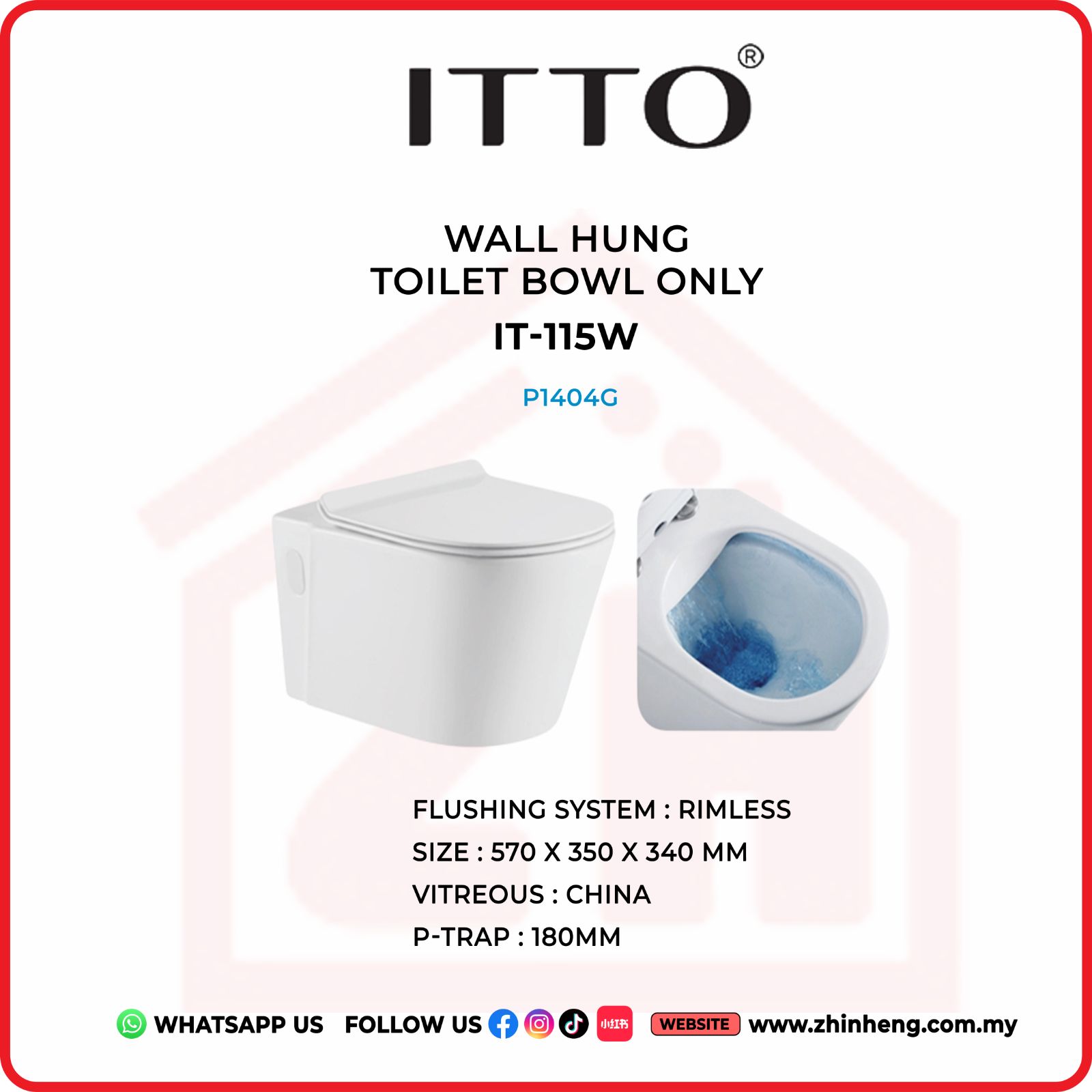 ITTO WALL HUNG TOILET BOWL ONLY IT-115W
