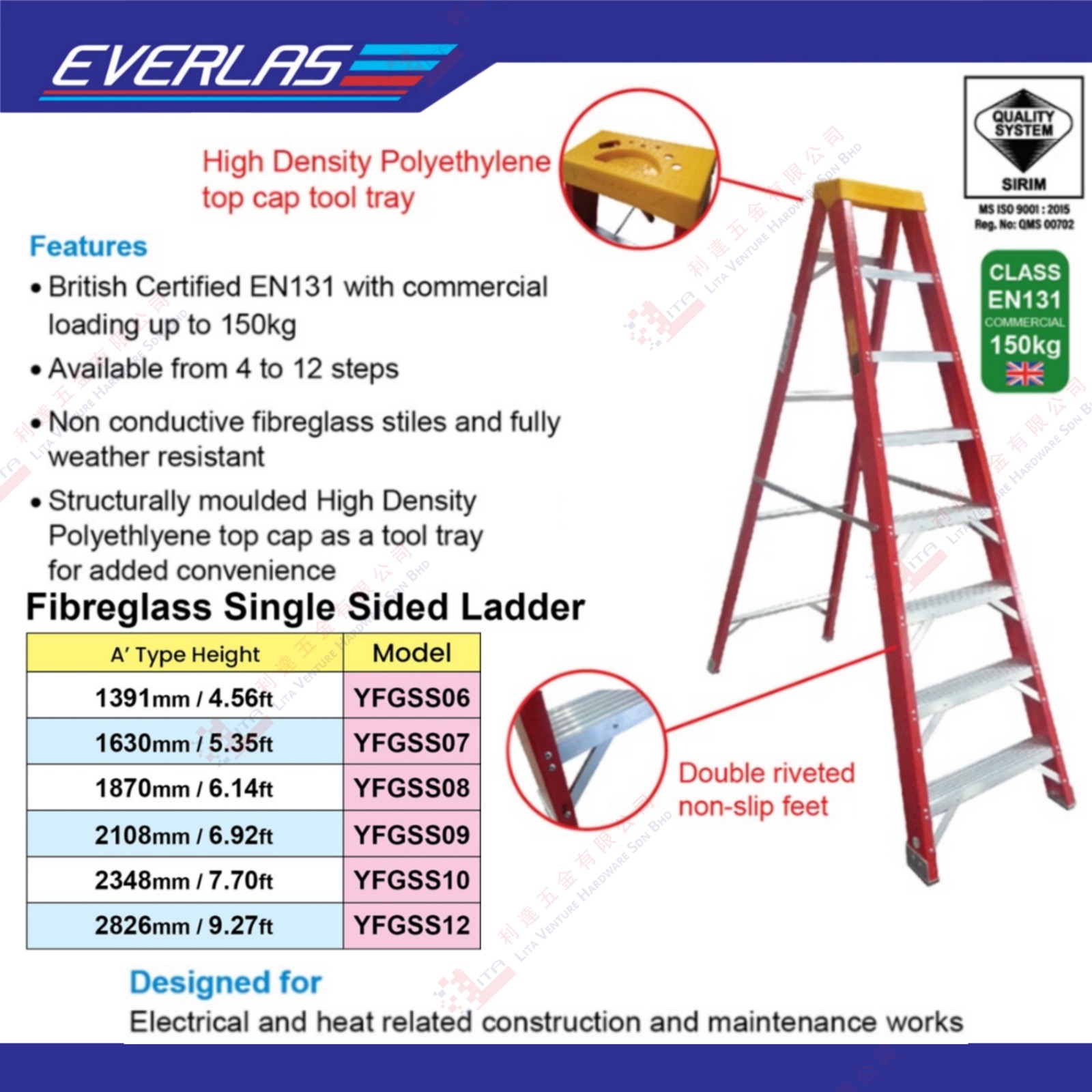 EVERLAS BRAND FIBREGLASS SINGLE SIDED LADDER - YFGSS06 YFGSS07 YFGSS08 YFGSS09 YGFSS10 YFGSS12