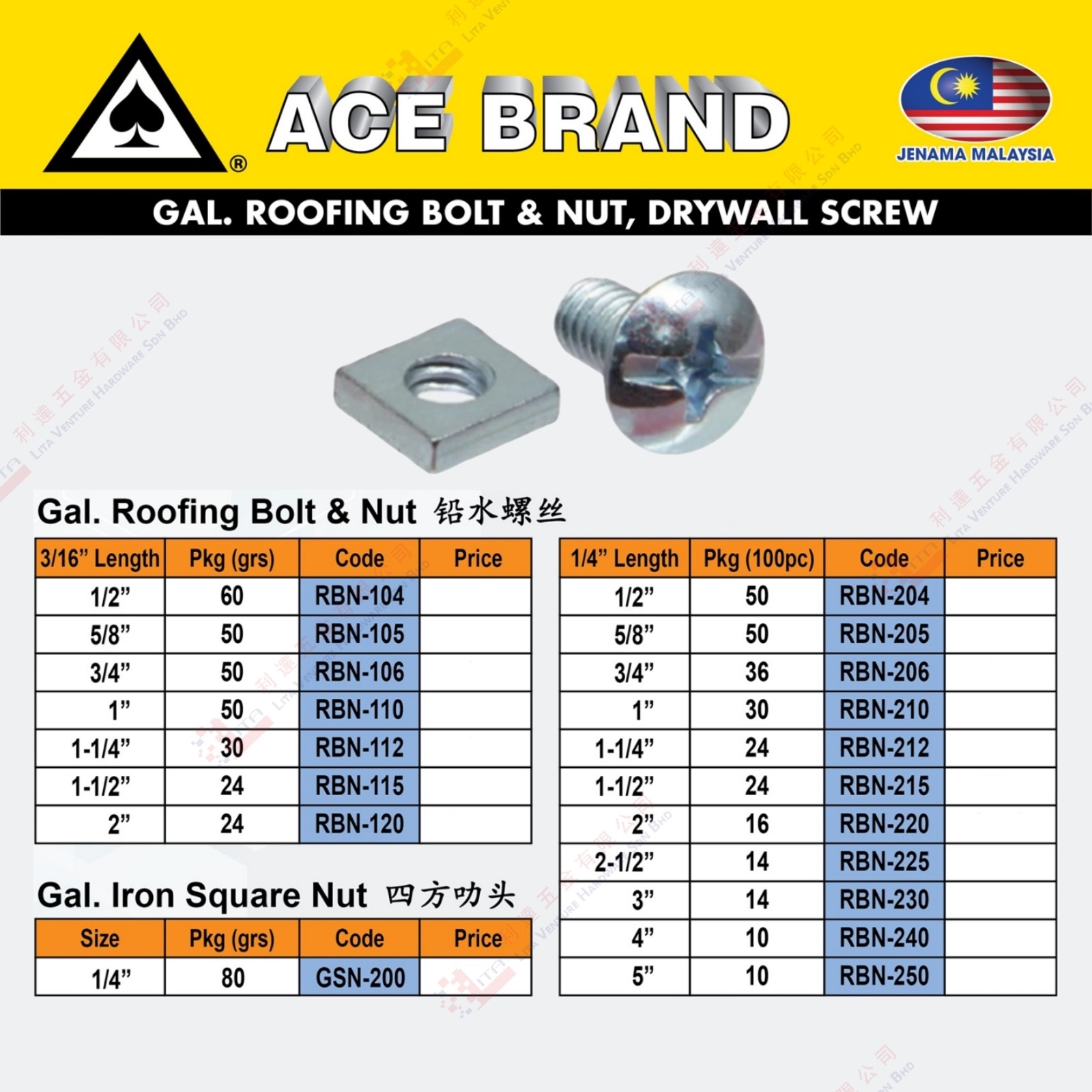 ACE BRAND GAL. ROOFING BOLT & NUT - RBN104 RBN105 RBN106 RBN110 RBN112 RBN115 RBN120 GSN200 RBN204
