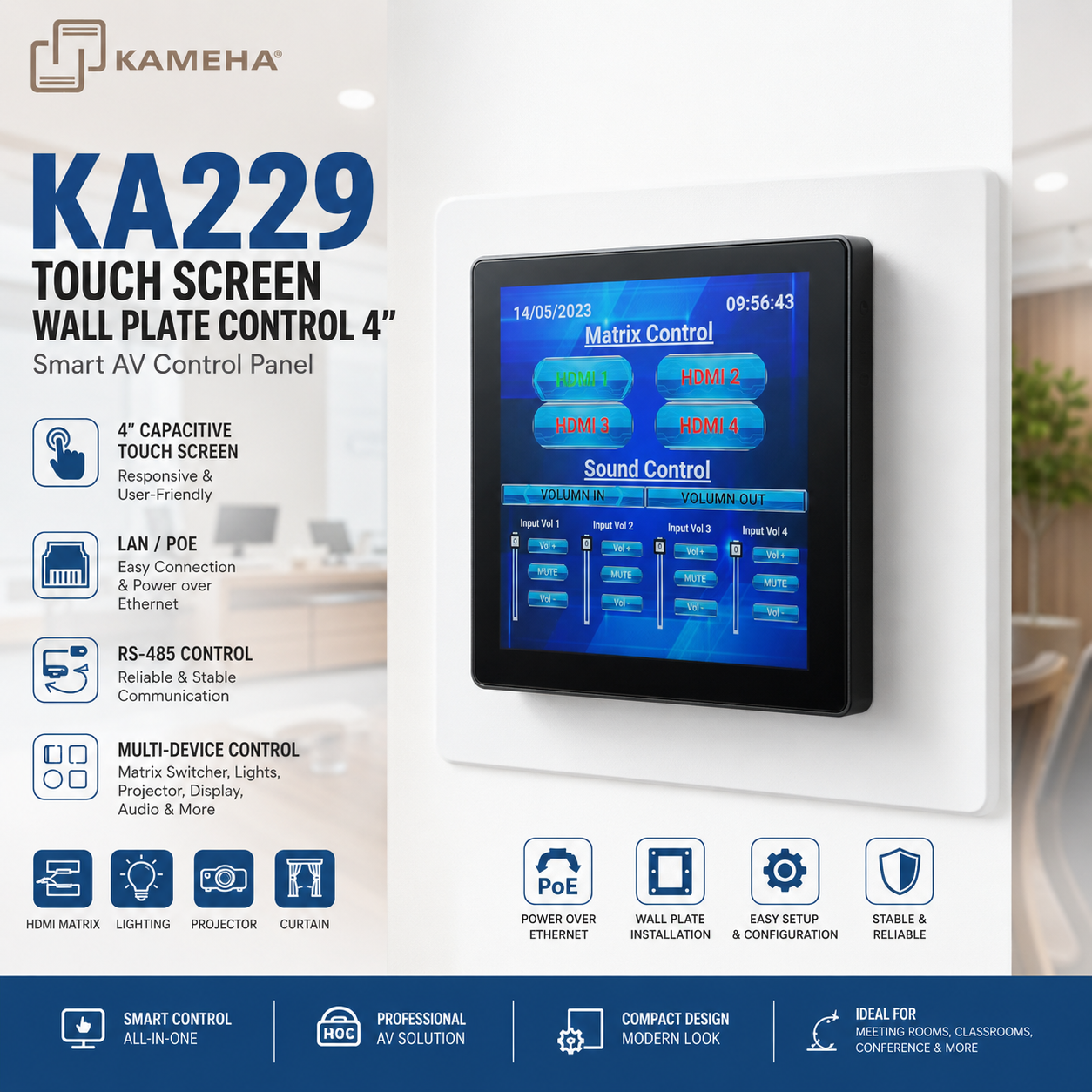 KAMEHA KA229 Panel Kawalan Sentuh Dinding 4” – Sistem Kawalan AV Pintar