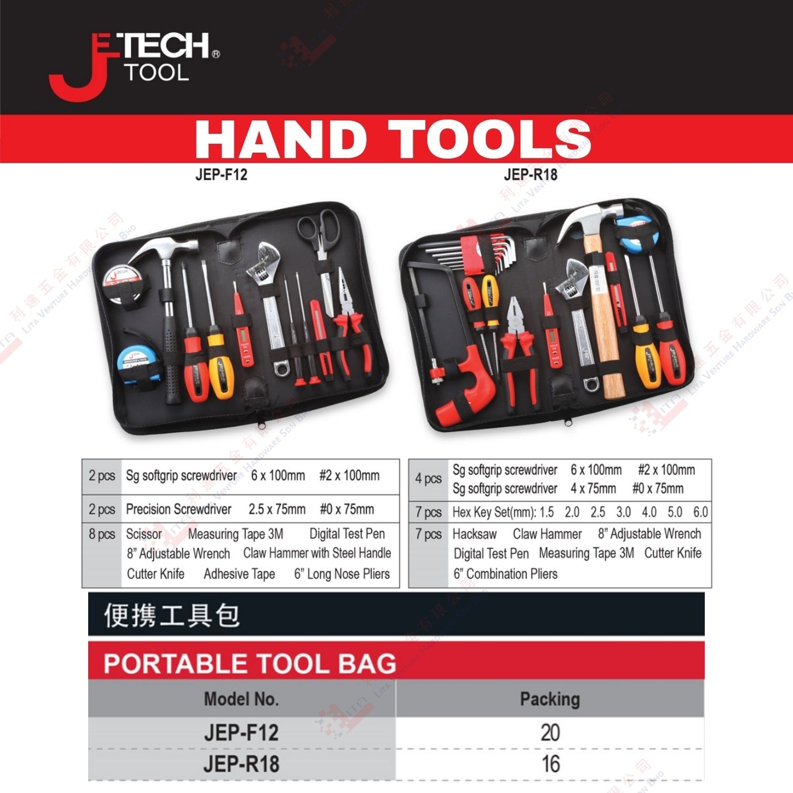 JE TECH BRAND PORTABLE TOOL BAG - JEPF12 JEPR18