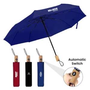 21" Auto Open-Close 3 Fold Umbrella with Wooden Handle