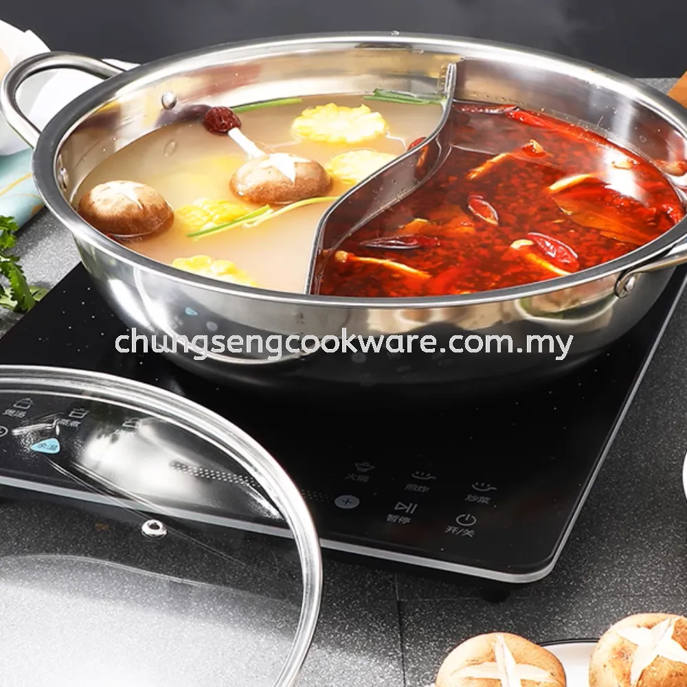 Stainless Steel Shabu-shabu Hot Pot With CLASS Lid/Two Divided 不锈钢鸳鸯火锅 Steamboat Pot (30cm) C6130