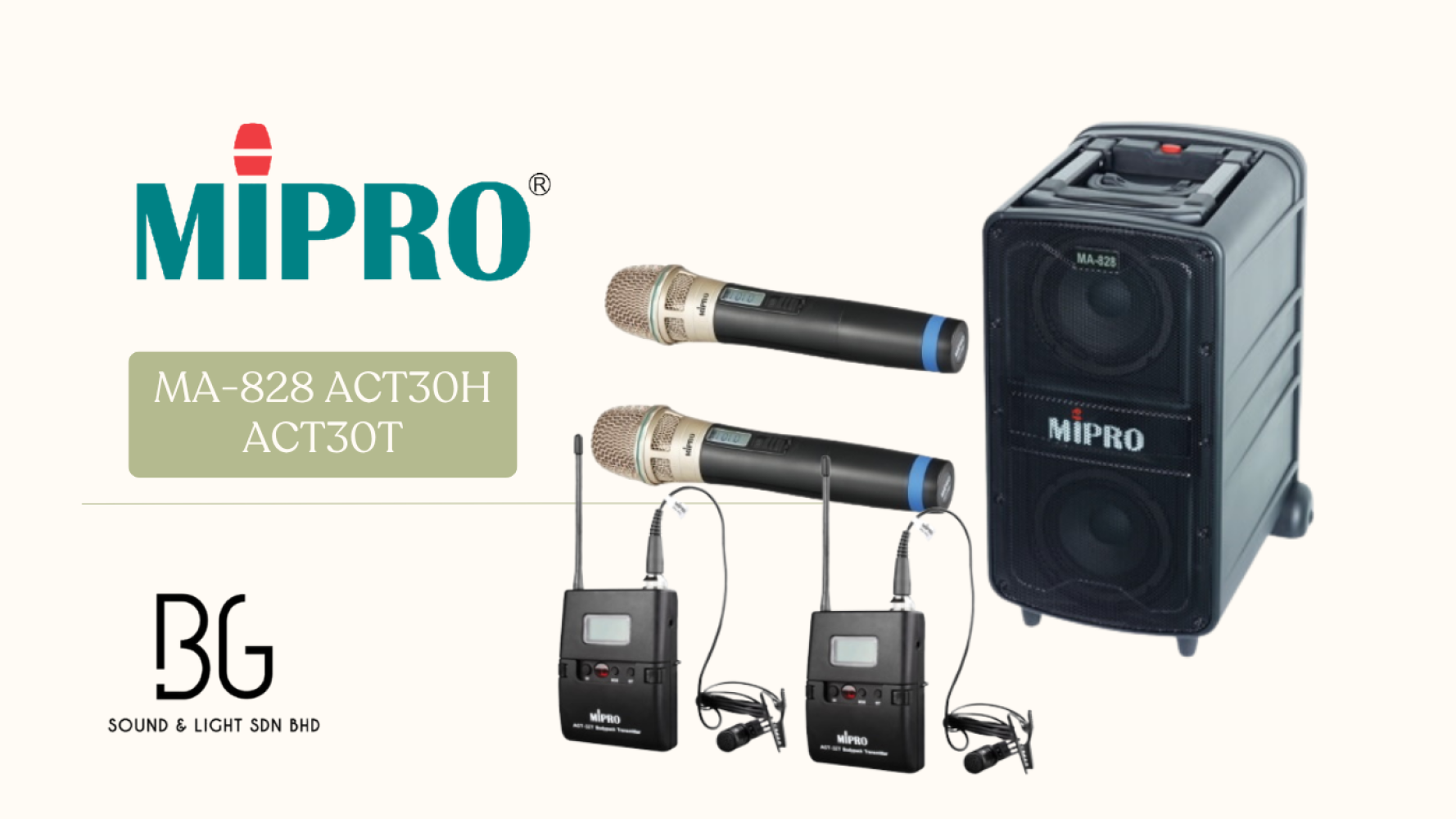 MIPRO MA-828 Portable Wireless PA System with 2x ACT-32H Handheld & 2x ACT-32T Lavalier Microphones (4 Mic Combo Speaker Malaysia)