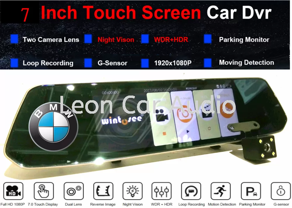 BMW 7" FHD Touch Screen Rear View Mirror Dual Lens DVR Camera