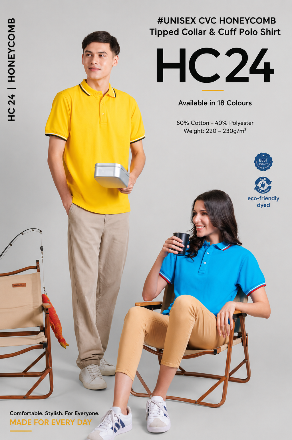 Unisex CVC Honeycomb Tipped Collar & Cuff Polo Shirt - HC24