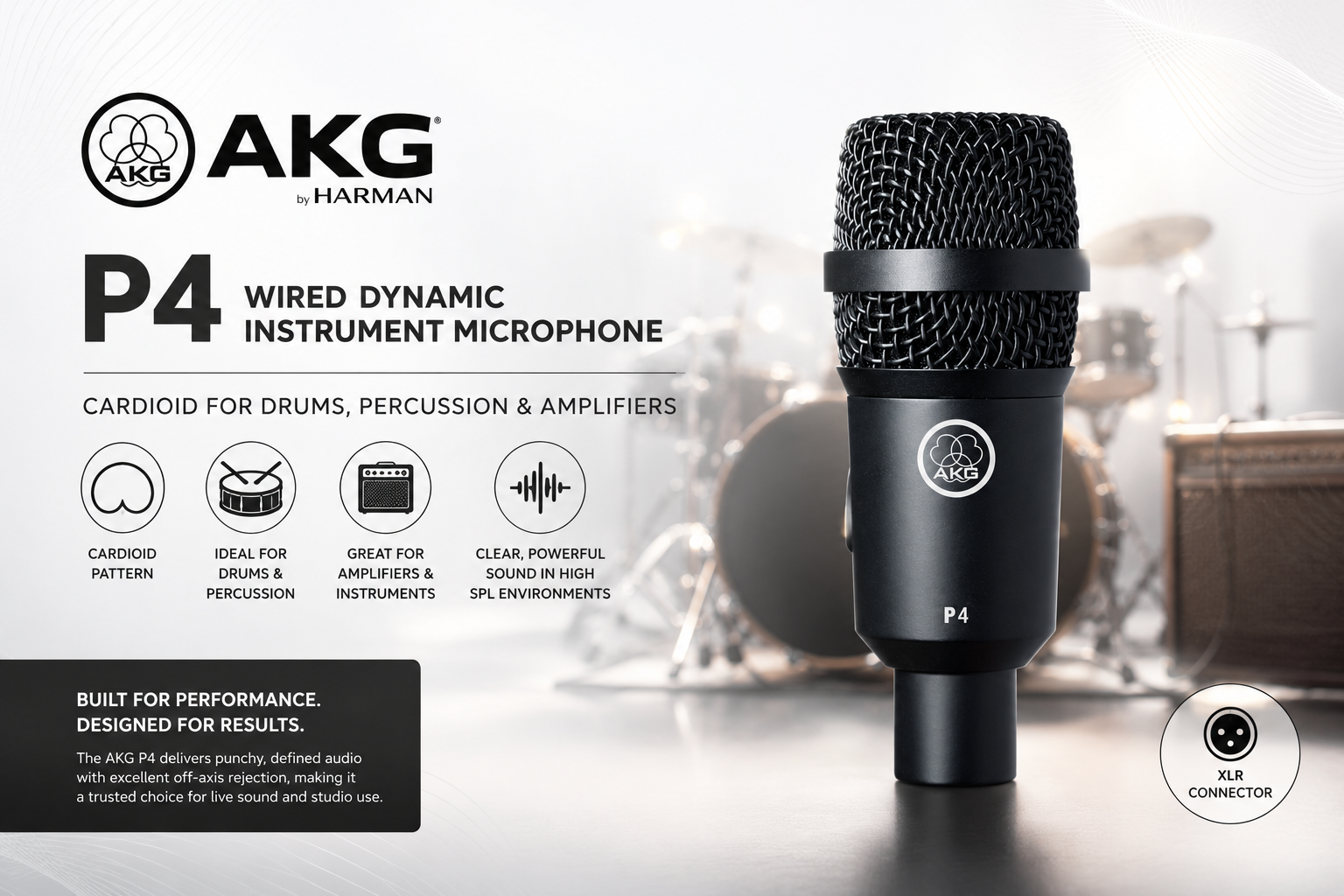 AKG P4 有线动圈乐器麦克风 – 心形指向适用于鼓、打击乐与音箱拾音