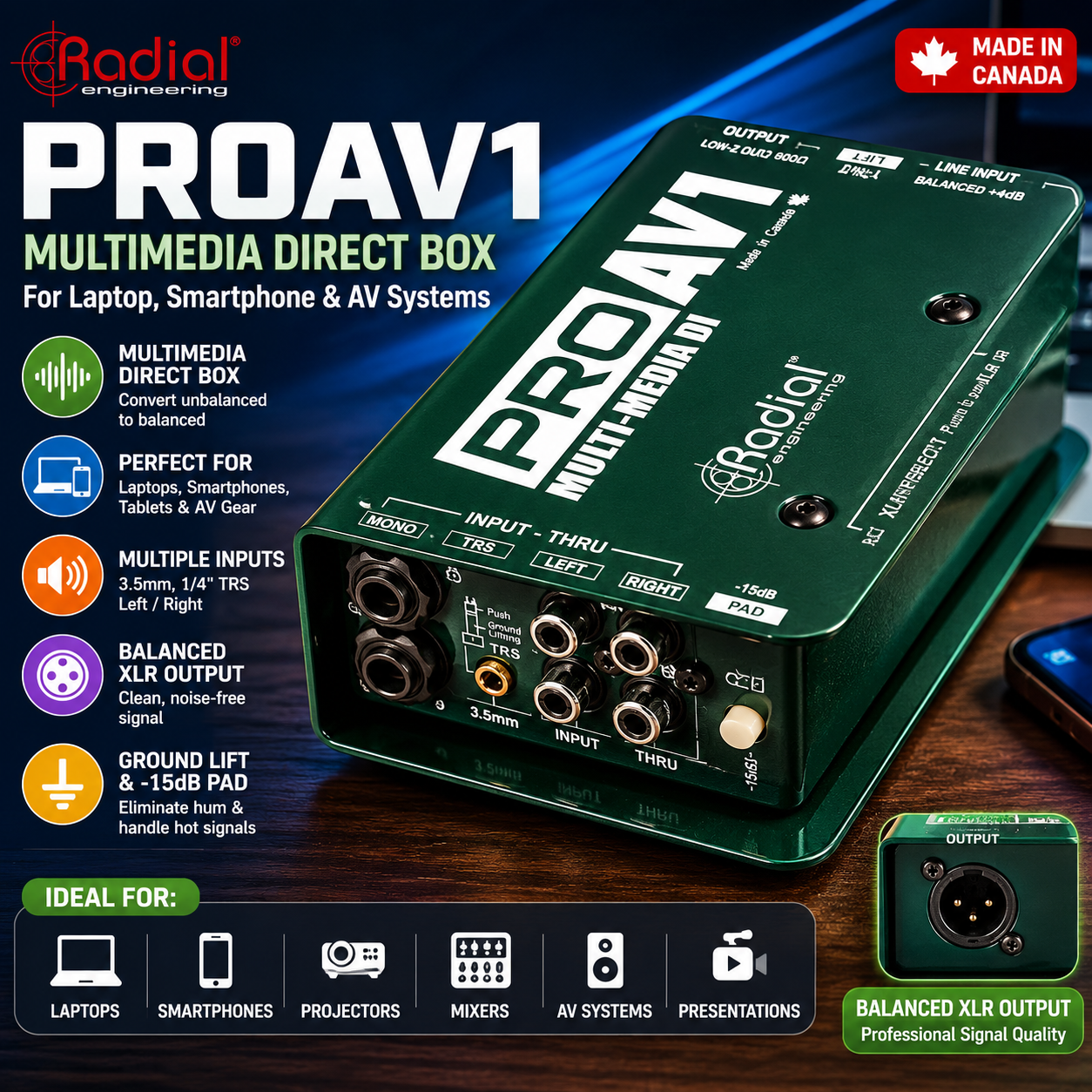 Radial Engineering ProAV1 多媒体 DI 盒｜笔记本电脑、手机与 AV 系统音频接口