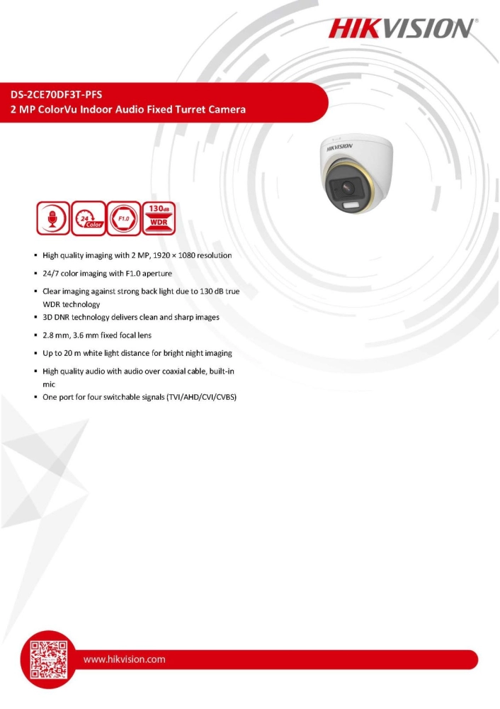 HIKVISION 2MP ColorVu Audio Dome Camera (DS-2CE70DF3T-PFS) 3.6mm