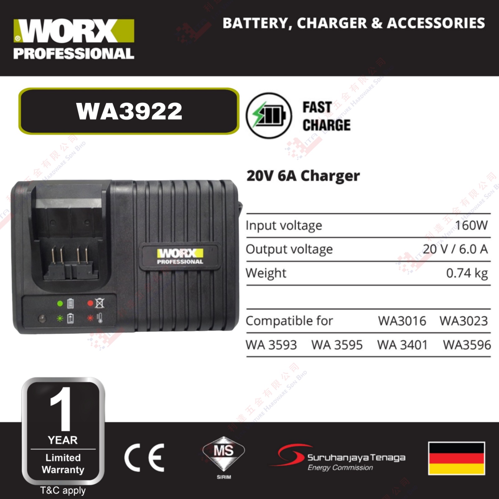 WORX BRAND 20V 6A CHARGER - WA3922
