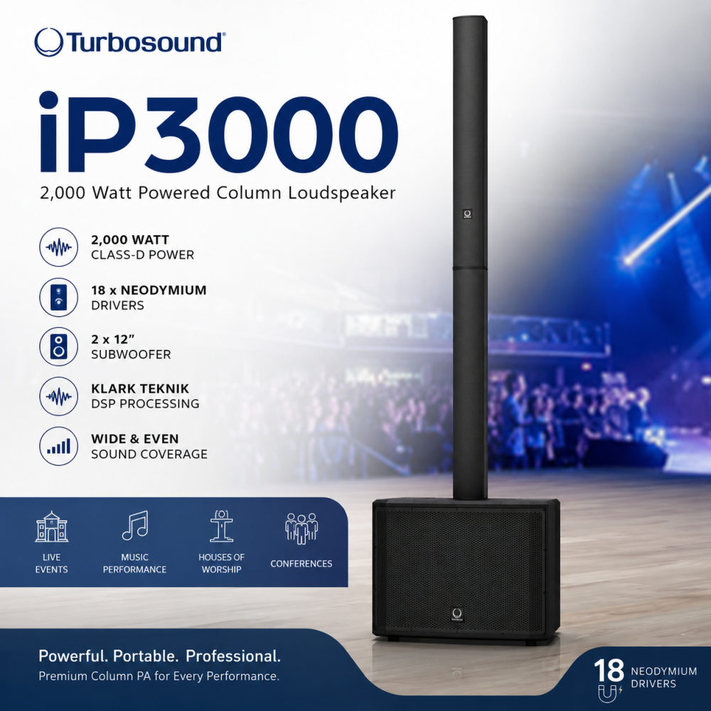 Turbosound iP3000 2,000 Watt Powered Column Loudspeaker with a 2 x 12" Subwoofer, 18 Neodymium Drivers