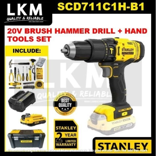 STANLEY SCD711C1H-B1 20V BRUSH HAMMER DRILL + HAND TOOLS SET