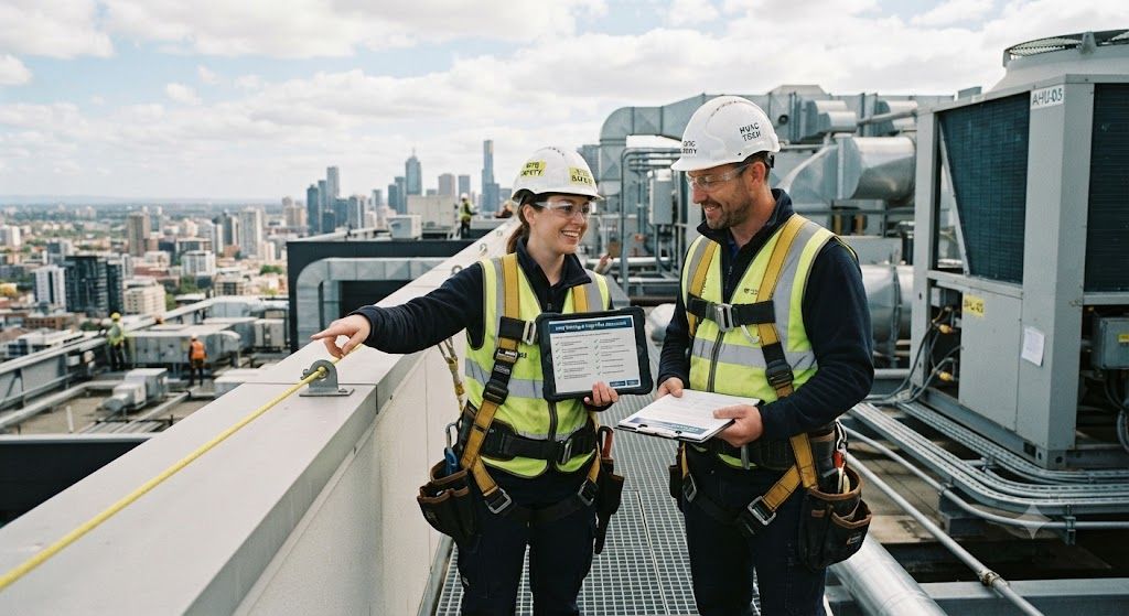 professional HVAC risk assessment working at height