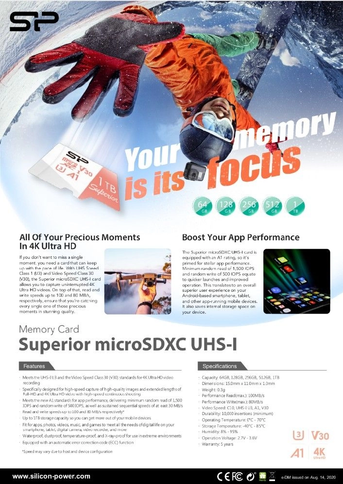 Silicon Power Superior V30 Ultra HD 4K Micro SD Card (MicroSDXC UHS-I) - 64GB / 128GB