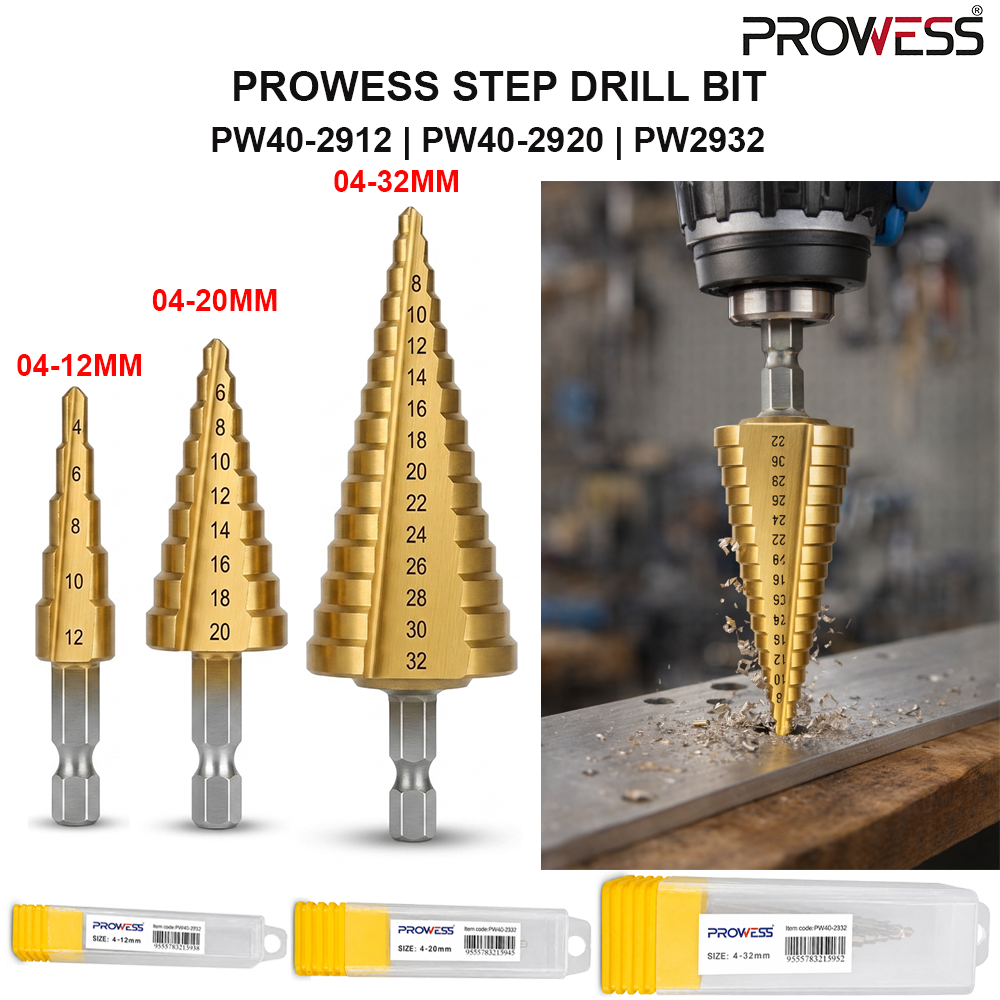 PROWESS STEP DRILL BIT | HSS STEP DRILL BIT | TITANIUM COATED MULTI-SIZE CONE DRILL BIT ( PW40-2912 | PW40-2920 | PW2932 )