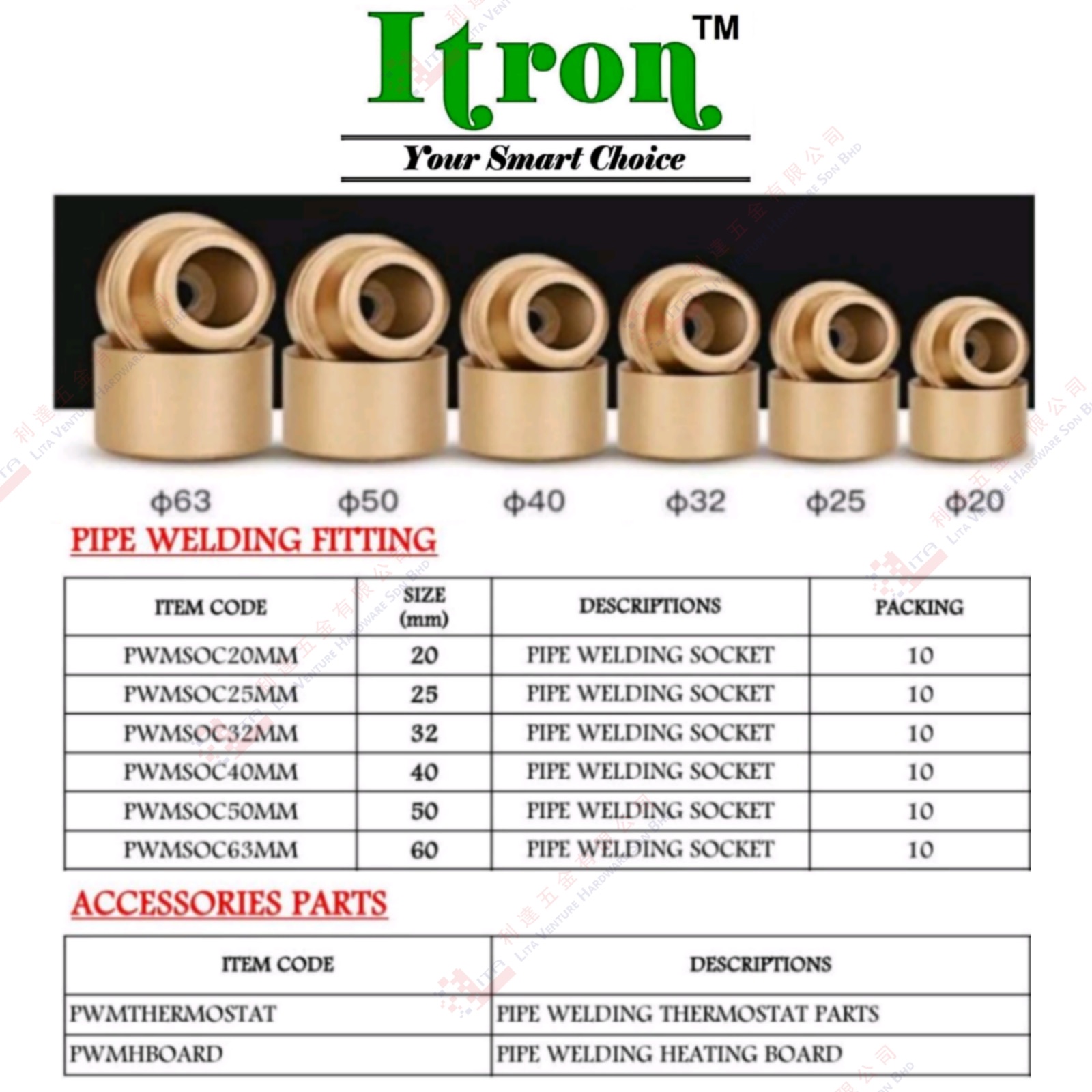 ITRON BRAND PIPE WELDING FITTING - PWMSOC20MM PWMSOC25MM PWMSOC32MM PWMSOC40MM PWMSOC50MM PWMSOC63MM