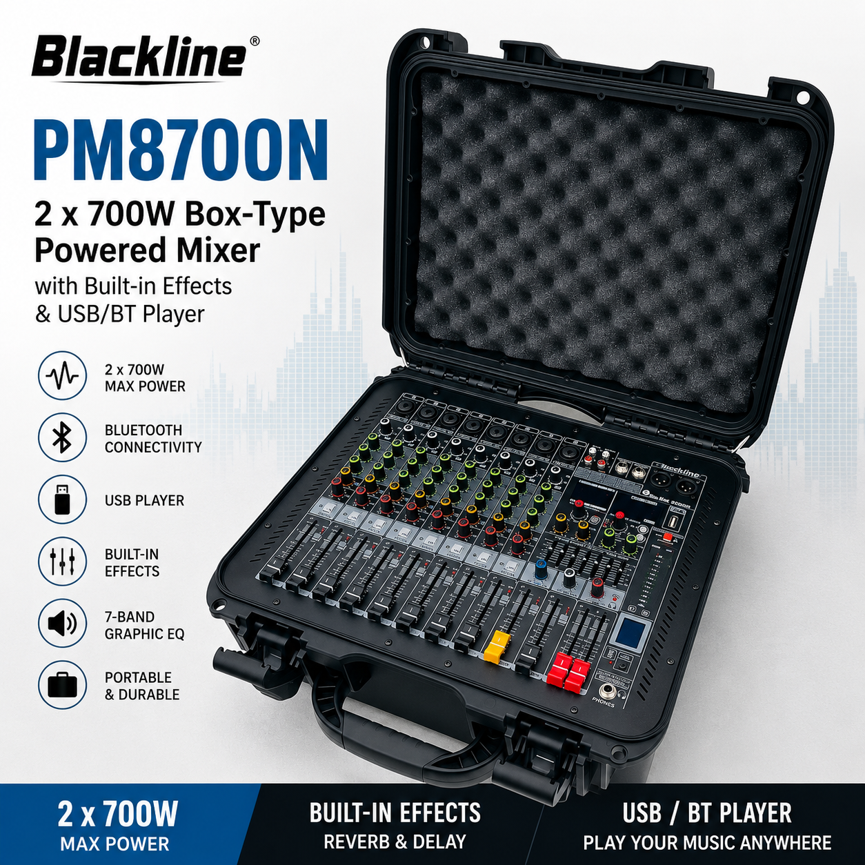 Blackline PM8700N – 2 x 700W Box-Type Powered Mixer with Built-in Effects & USB/BT Player