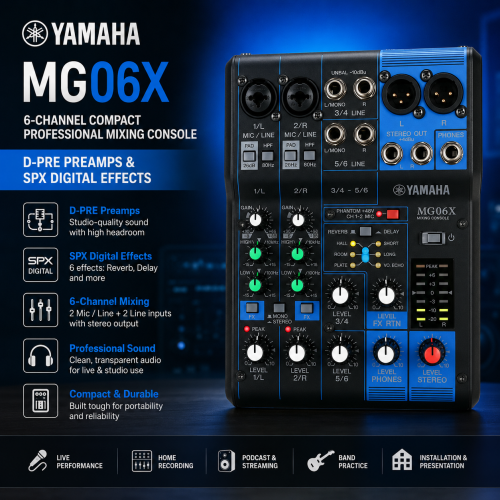 Yamaha MG06X โ 6-Channel Compact Professional Mixing Console with D-PRE Preamps & SPX Digital Effects