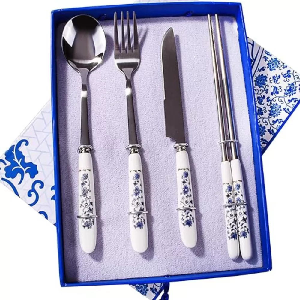 Blue and White Porcelain Handle Stainless Steel Tableware