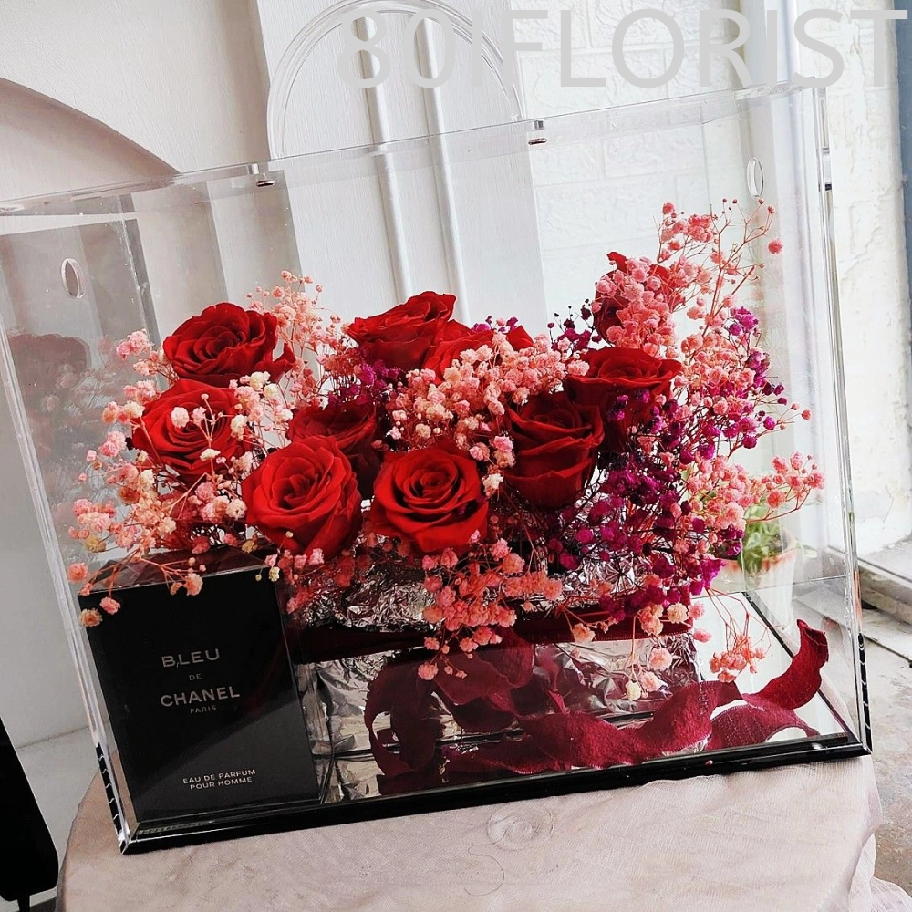 Red Rose Preserved Flower Arcrylic Gift Box With Chanel Perfume