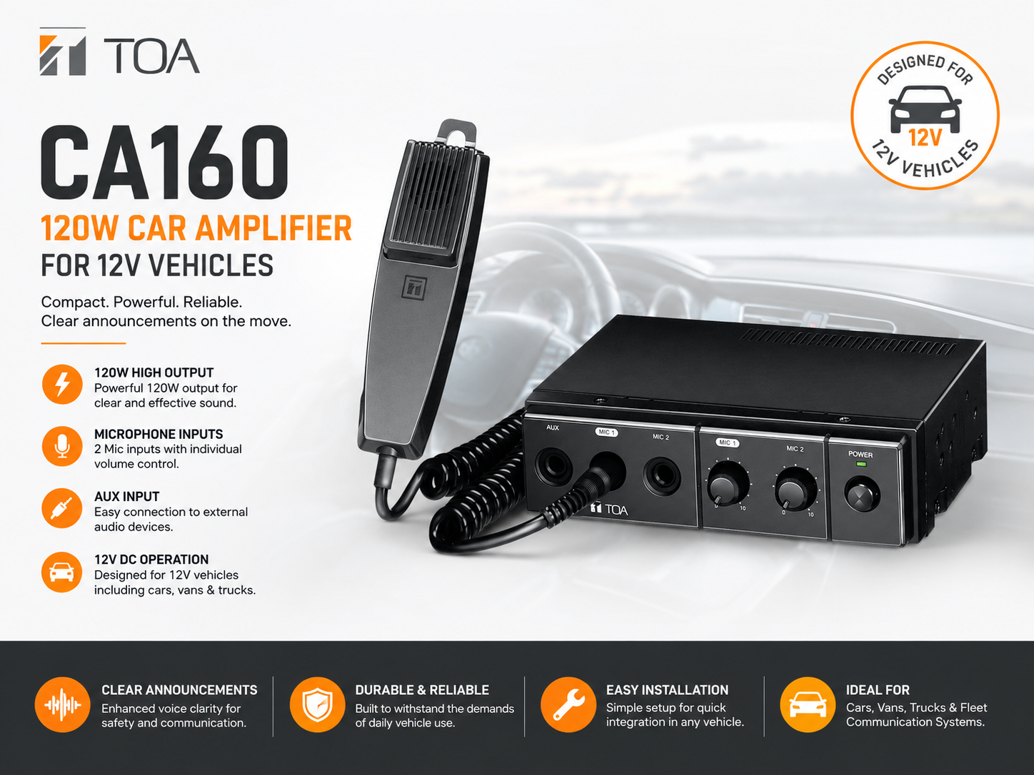 TOA CA160 120W Car Amplifier for 12V Vehicles