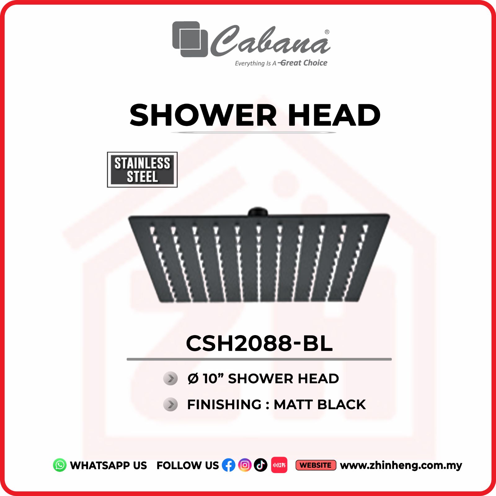 CABANA 10'' SQUARE SHOWER HEAD  CSH2088-BL