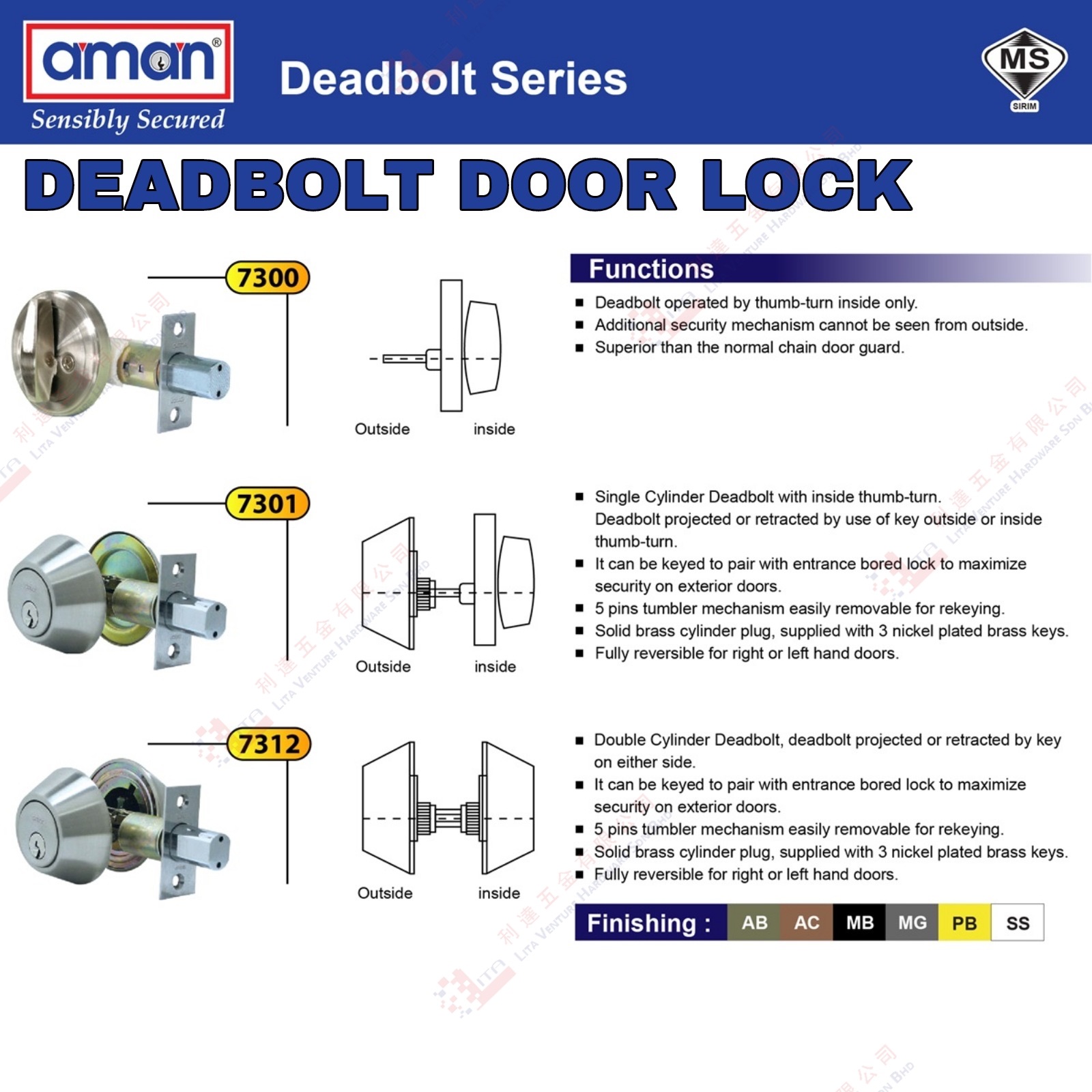 AMAN BRAND DEADBOLT DOOR LOCK - 7300 7301 7312