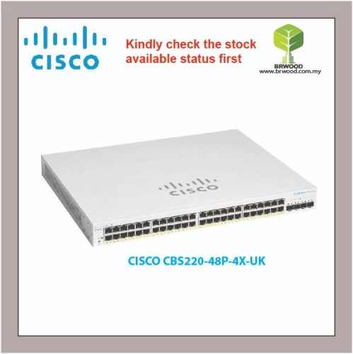 CISCO CBS220-48P-4X-UK : Cisco Business 220 48-port GE, Full PoE 382W power budget, 4x10G SFP+ Smart Switches