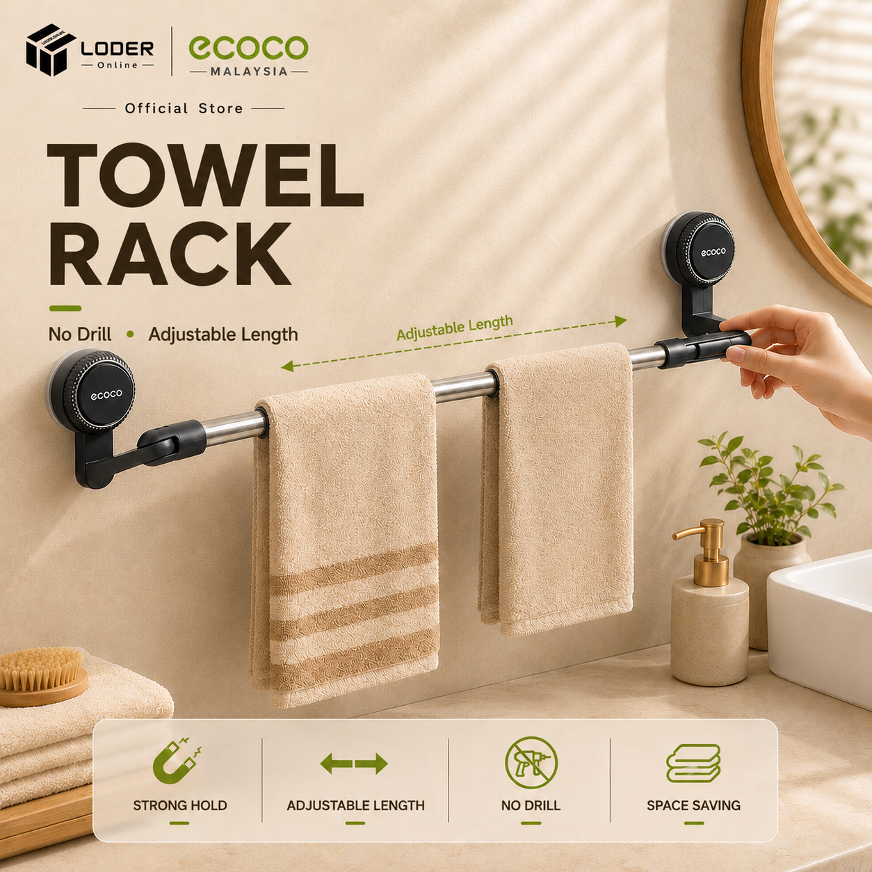 LODER ECOCO Foldable Towel Rack Wall Mounted Towel Holder No Drill Bathroom Kitchen Towel Bar Rack