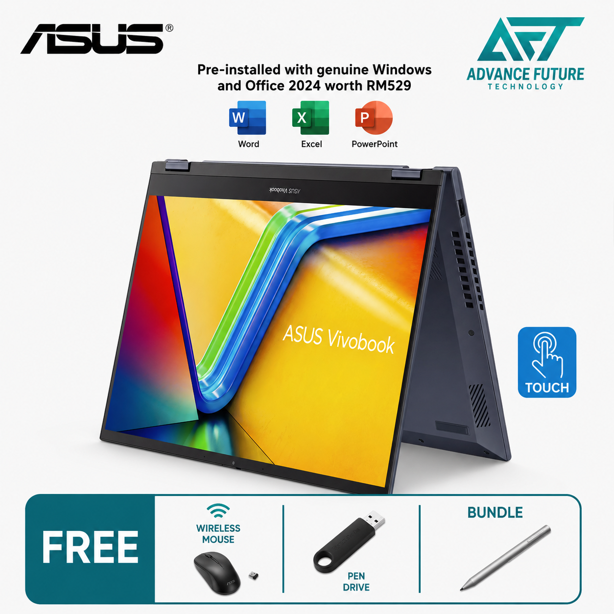 Asus VivoBook S14 Flip TP3402V-ALZ636WS 14" WUXGA Touch 2-in-1 Laptop Quiet Blue ( Intel Core i5 13420H, 16GB, 512GB SSD, Intel, W11, H&S 2024&M365 )