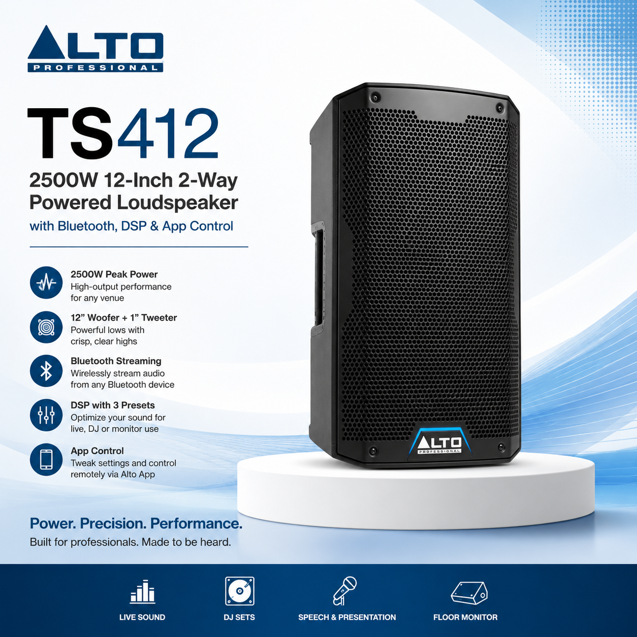Alto TS412 – 2500瓦 12寸 双向有源音箱，内置蓝牙、DSP 与应用程序控制