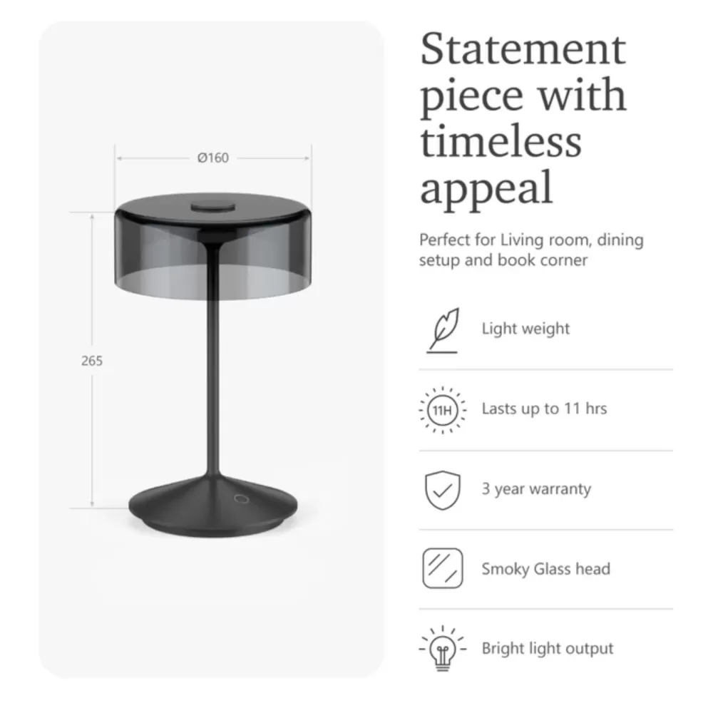 UBIQUA CRYSTAL 2.2W 3.7V IP54 DIMMABLE LED RECHARGEABLE TABLE LAMP [2700K/3000K]