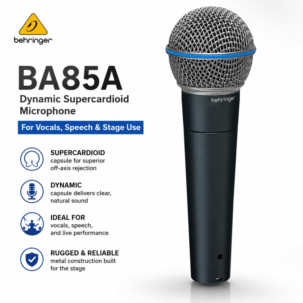 Behringer BA85A โ Dynamic Supercardioid Microphone for Vocals, Speech & Stage Use