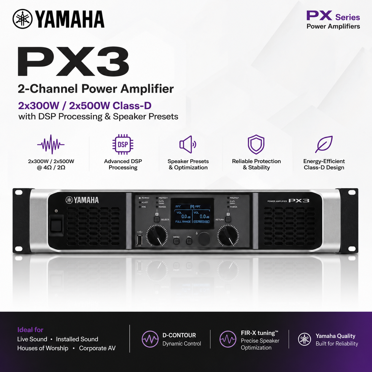 雅马哈 Yamaha PX3 – 2x300W/2x500W Class-D 功率放大器，内置DSP处理与音箱预设