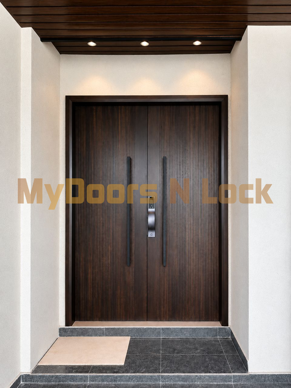 Solid Door Nyatoh 6x8 Wooden Door with Dark Colour Shellac, 1200mm Pull Handle & SK20 Pro Digital Lock