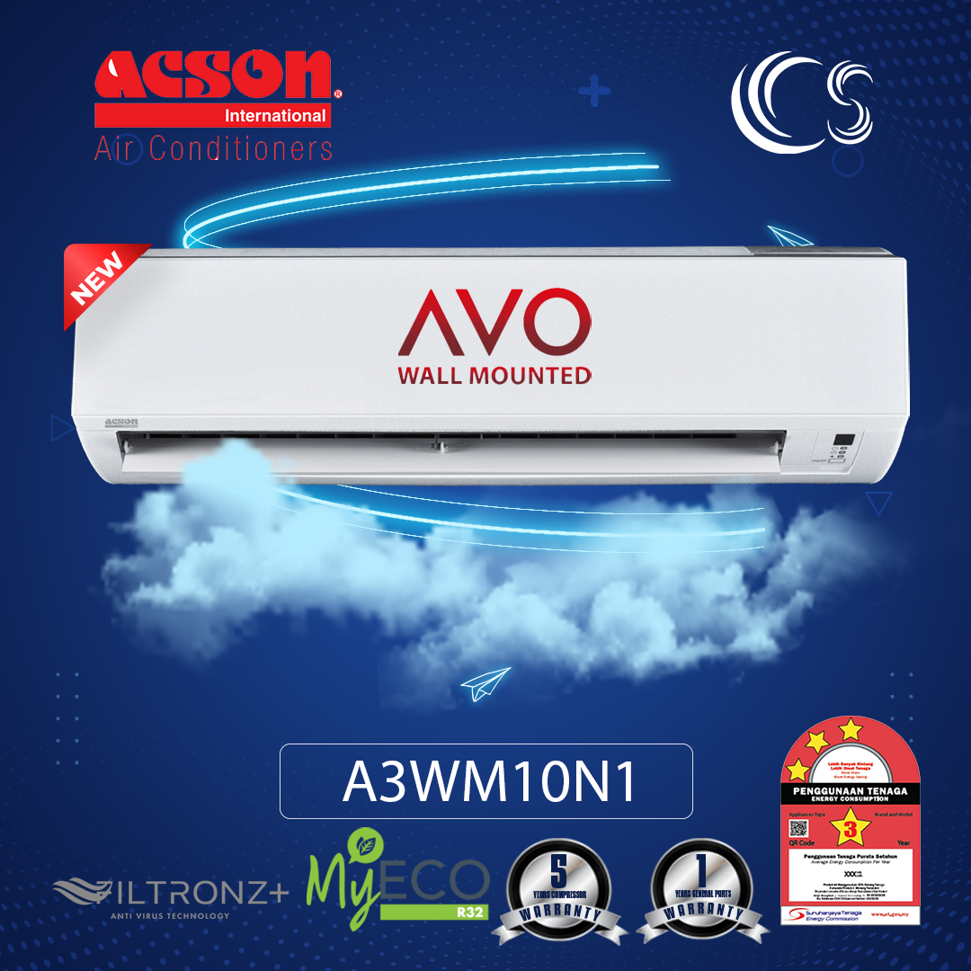 (A3WM10N) Acson Air Conditioner Non Inverter R32 1.0HP - 2.5HP + My Eco + Advance Filtering Technology (Deliver by seller within Klang Valley area)