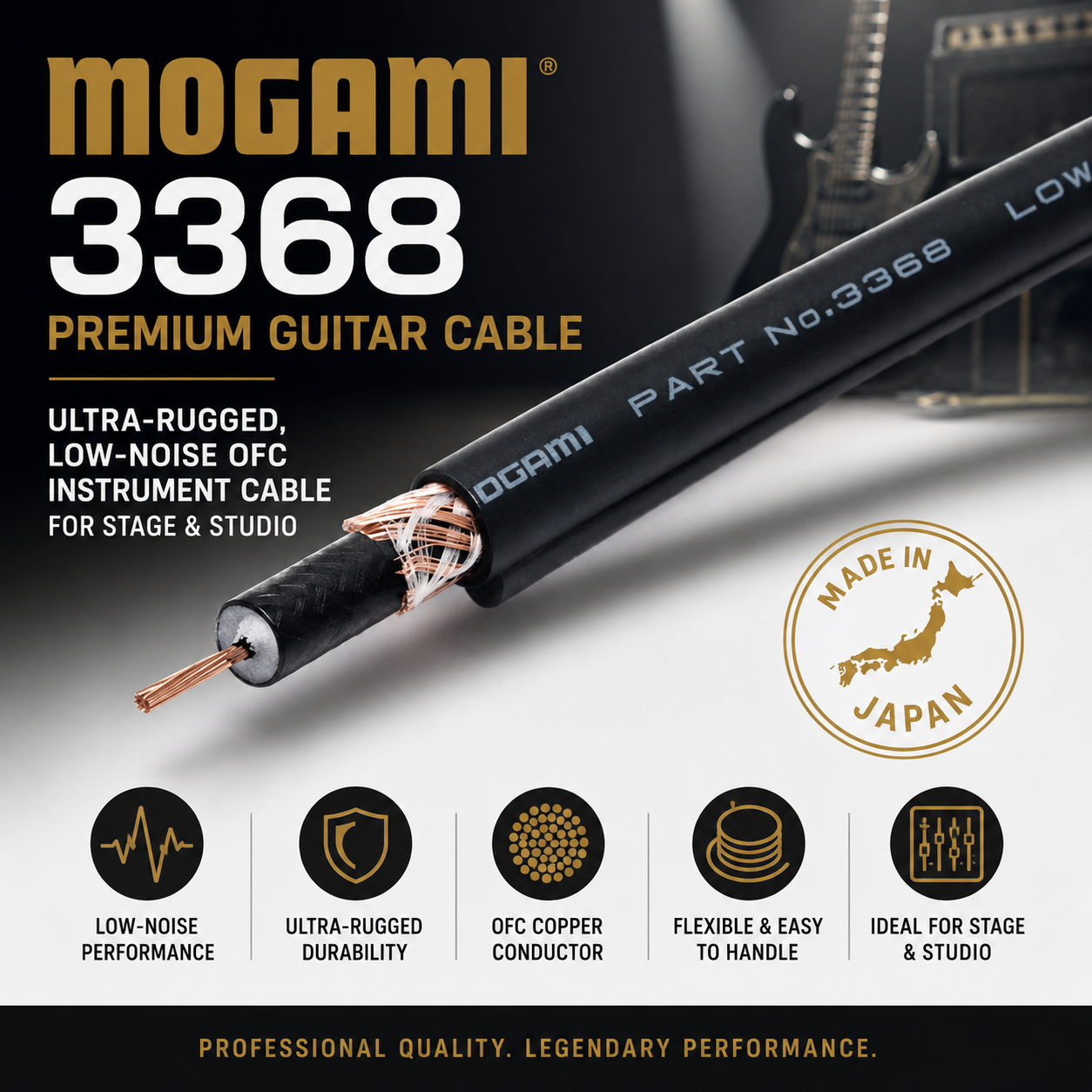 Mogami 3368 Premium Guitar Cable – Ultra-Rugged, Low-Noise OFC Instrument Cable for Stage & Studio (Made in Japan)