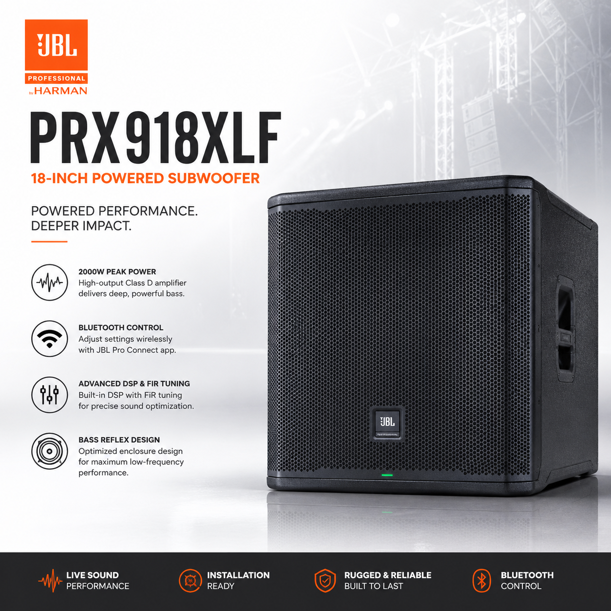 JBL PRX918XLF – 18-Inch 2000W Powered Subwoofer with Bass Reflex Design, Bluetooth Control, DSP & FiR Tuning for Live Sound and Installations