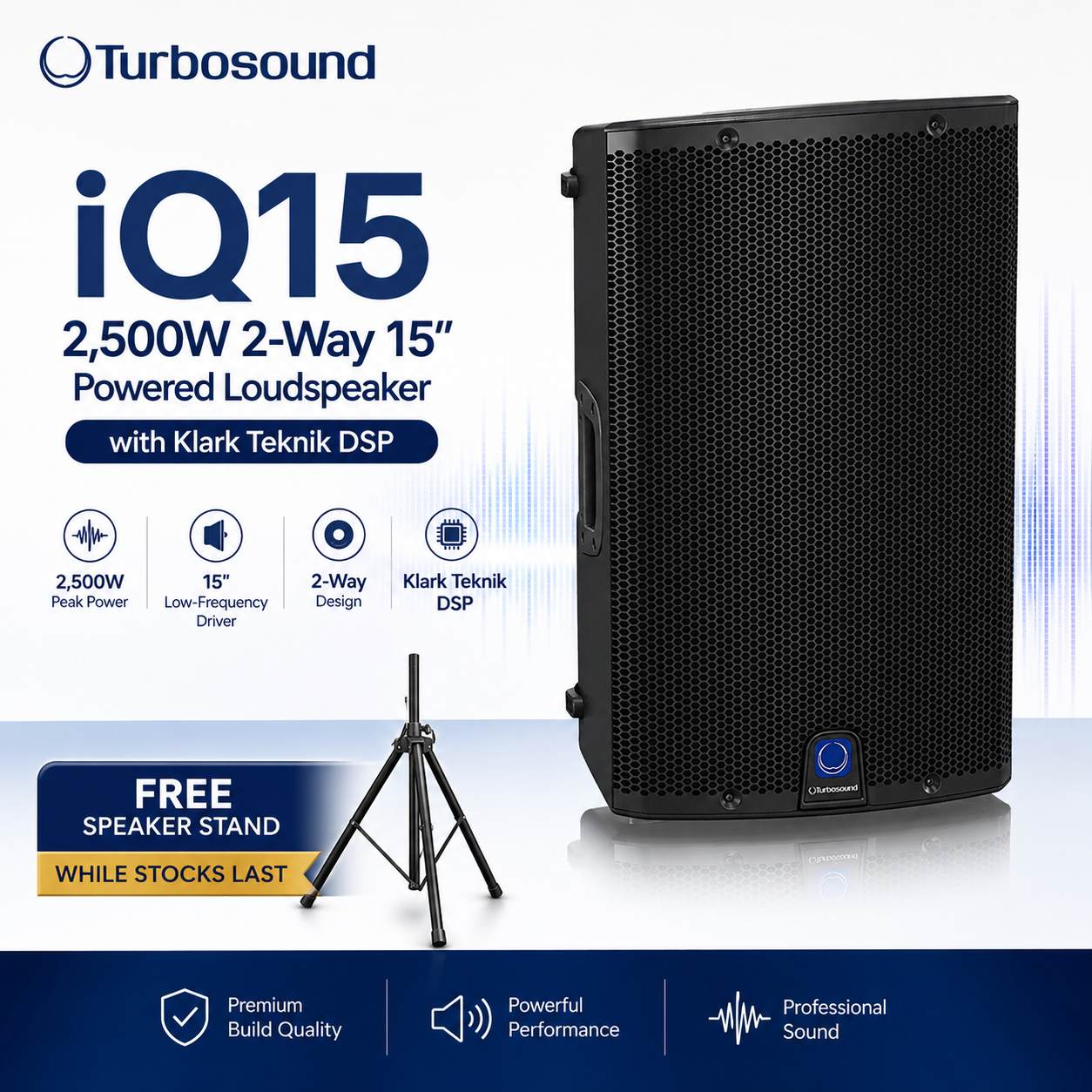 Turbosound iQ15 – 2,500W 2-Way 15" Powered Loudspeaker with Klark Teknik DSP + Free Speaker Stand (While Stocks Last)